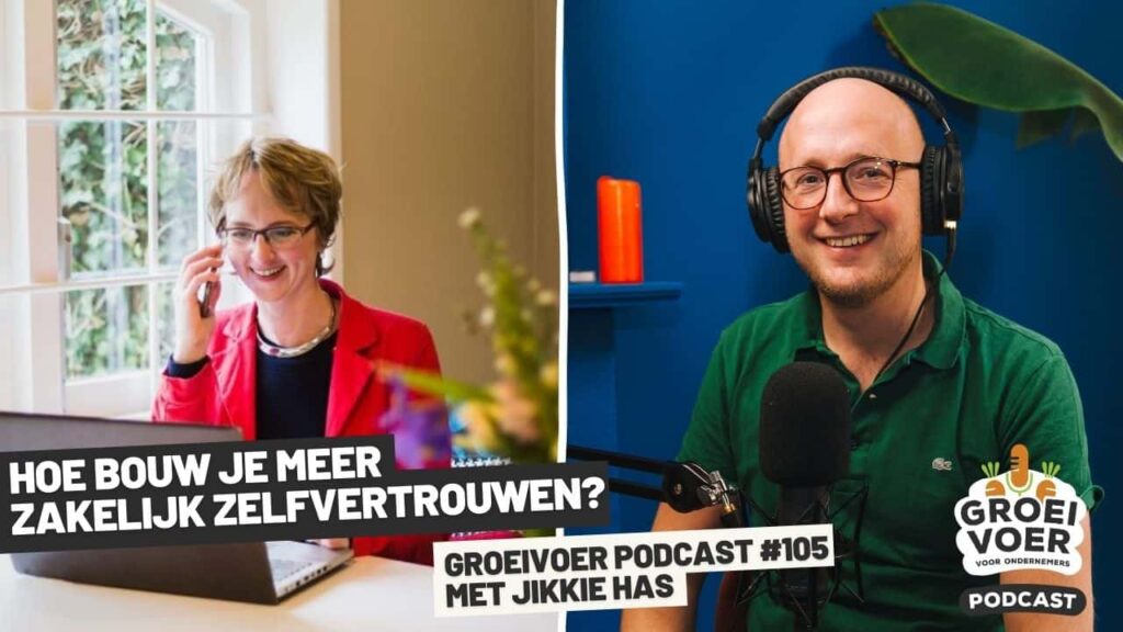 Twee personen in gesprek tijdens de Groeivoer Podcast #105 over zakelijk zelfvertrouwen, met Jikkie Has als gast.