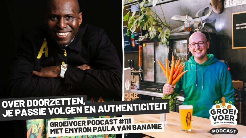 Twee mannen promoten Groeivoer Podcast #111, met links Emyron Paula en rechts een man met een bos wortels en een glas bier.