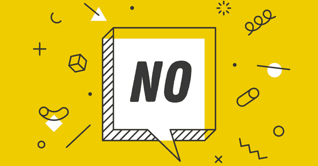Illustratie met een gele achtergrond en een spraakballon met het woord "NO" als symbool voor assertiviteit in NO-vember.